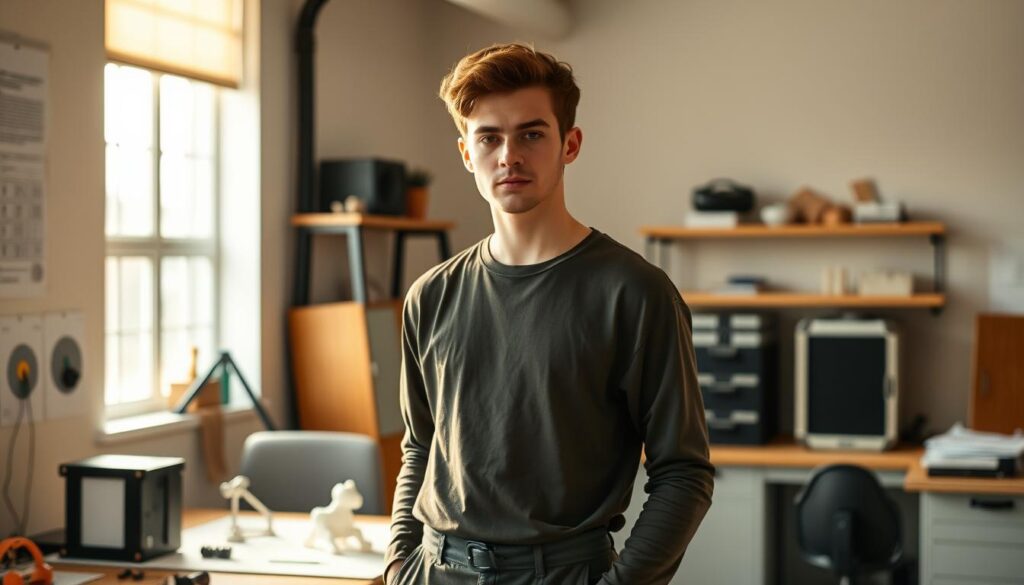 A young, creative individual standing confidently in a modern, minimalist industrial design studio. Warm, natural lighting illuminates their features, revealing a keen eye for detail and an analytical mindset. They wear a simple, functional outfit, complemented by a thoughtful expression as they consider a 3D-printed prototype on their workbench. Surrounding them, clean lines, sleek materials, and cutting-edge technologies hint at the innovative spirit required to excel as an industrial designer. A sense of focus and determination emanates from the scene, capturing the essential traits of someone well-suited for this dynamic, problem-solving profession.