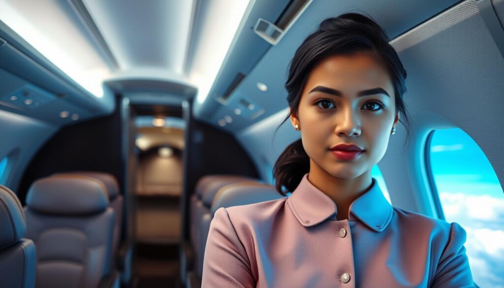 A young, determined woman stands confidently in the foreground, her gaze focused and her posture exuding professionalism. She wears a crisp, tailored uniform in a classic airline color palette, her hair neatly styled. In the middle ground, the interior of a sleek, modern aircraft cabin is visible, with plush seating and elegant fixtures. The background is a vibrant, cloudless sky, hinting at the global destinations this aspiring cabin attendant dreams of visiting. Soft, directional lighting illuminates the scene, creating a sense of warmth and optimism. This image captures the excitement, dedication, and sense of adventure that drive those pursuing a career as a cabin attendant.
