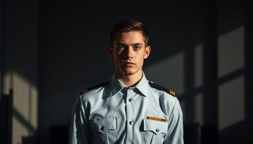 A young man in a crisp military uniform, standing tall and proud, his gaze fixed with determination. The background is a dimly lit room, with geometric patterns and shadows playing across the walls, creating a sense of seriousness and professionalism. Soft, directional lighting illuminates the subject's features, highlighting the sharp creases in his uniform and the steely resolve in his eyes. The overall atmosphere conveys the gravity and responsibility of a military officer in training, ready to take on the challenges of leadership and service to their country.