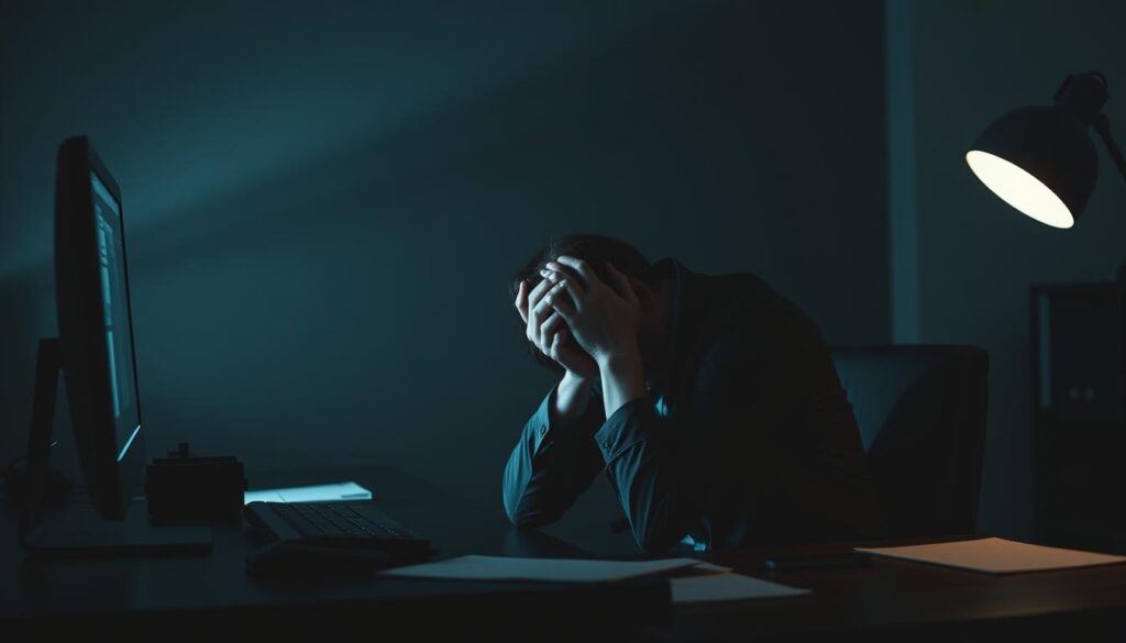 A young office worker in their 30s sits hunched over a desk, burdened by the weight of career uncertainty and self-doubt. The dimly lit room casts an oppressive, gloomy atmosphere, reflecting the mental strain. Shadows loom in the background, symbolizing the looming sense of unease and the unknown challenges that come with a new job. The figure's posture conveys exhaustion, their head in their hands, while their computer screen flickers with unfinished tasks. The scene captures the deep-seated stress and loss of confidence that can accompany a career transition, setting the stage for the article's exploration of overcoming this challenge.