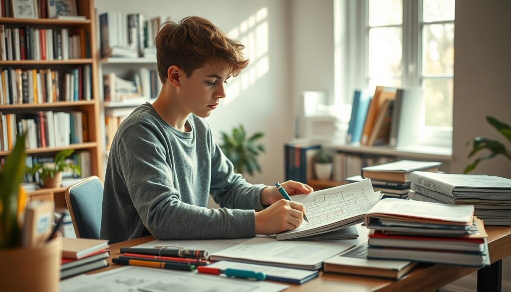 A young person sitting at a desk, surrounded by books, architectural plans, and design tools, intently studying and sketching ideas for a new environmental design project. The room is filled with natural light, creating a warm and inspiring atmosphere. In the background, a bookshelf showcases a variety of design-related volumes, hinting at the wealth of knowledge available to the aspiring designer. The scene conveys a sense of focus, determination, and the excitement of embarking on a new creative journey, transitioning from an inexperienced beginner to a skilled environmental designer.