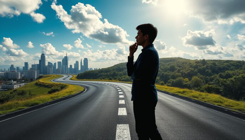A young person standing at a crossroads, contemplating their path to becoming an art director. In the foreground, a winding road splits, one path leading to a bright, modern cityscape, the other to a lush, verdant landscape. Sunlight filters through clouds, casting a warm, hopeful glow. In the middle ground, the figure is silhouetted, their hands on their chin, deep in thought. The background features a montage of creative tools - sketchpads, brushes, color palettes - hinting at the diverse skills and knowledge required. The overall atmosphere conveys a sense of determination, opportunity, and the journey from inexperience to a fulfilling creative career.