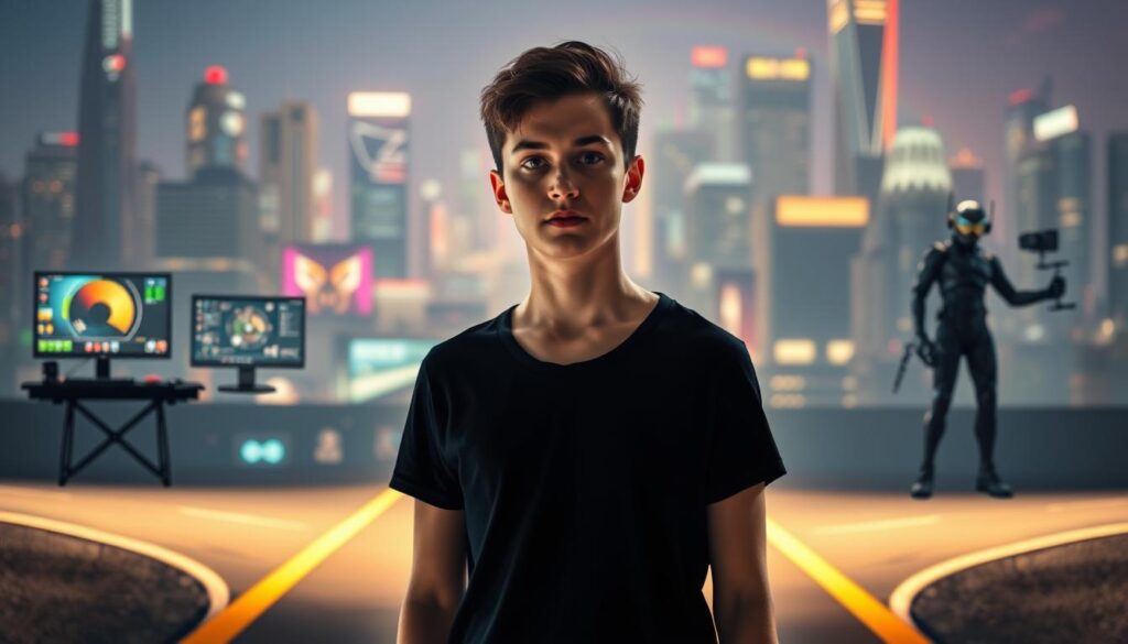 A young person standing at a crossroads, facing three distinct paths leading into the game industry. The foreground features the individual, their face filled with determination and a sense of possibility. The middle ground showcases the three pathways, each represented by iconic game development tools and technologies - a game engine, a pixel art workstation, and a motion capture suit. The background depicts a vibrant, neon-lit cityscape, hinting at the dynamic and ever-evolving nature of the gaming world. Soft, dramatic lighting casts an air of intrigue and potential, as the subject contemplates their next move towards a career in the captivating realm of game creation.