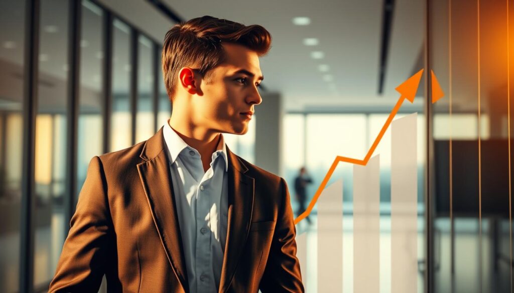 A young professional in a smart suit stands confidently before a financial graph, his gaze focused on the upward trajectory. The scene is bathed in warm, golden light, conveying a sense of determination and ambition. In the background, a sleek, modern office space with floor-to-ceiling windows provides a clean, minimalist backdrop, complementing the subject's sharp, focused demeanor. The composition is balanced, with the subject positioned off-center, creating a dynamic and compelling image that captures the essence of a strategic career move aimed at increasing one's income.