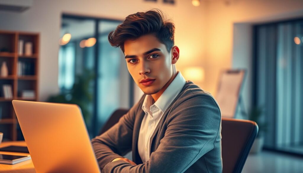 A young professional in a stylish, well-lit office setting, facing the camera with a determined expression, surrounded by the tools of their trade - a laptop, notepad, and a neatly organized workspace. The lighting is warm and inviting, casting a soft glow on the scene, conveying a sense of focus and purpose. The background is slightly blurred, emphasizing the subject's presence and their mental preparation for the challenges of a career transition. The overall mood is one of contemplation, resilience, and a willingness to embrace the next chapter of their professional journey.