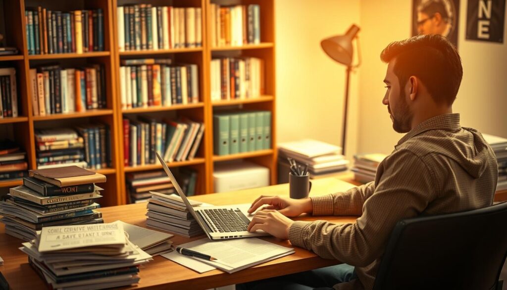 A young professional sitting at a desk, intently focused on a laptop screen, surrounded by stacks of reference materials and notes. The lighting is warm and inviting, casting a soft glow on the scene. In the background, a bookshelf filled with creative writing guides and screenplays hints at the aspiring writer's passion. The angle is slightly elevated, giving a bird's-eye view of the dedicated scene, conveying a sense of determination and the first steps towards a new career path. The overall mood is one of quiet concentration and the excitement of embarking on a new creative journey.
