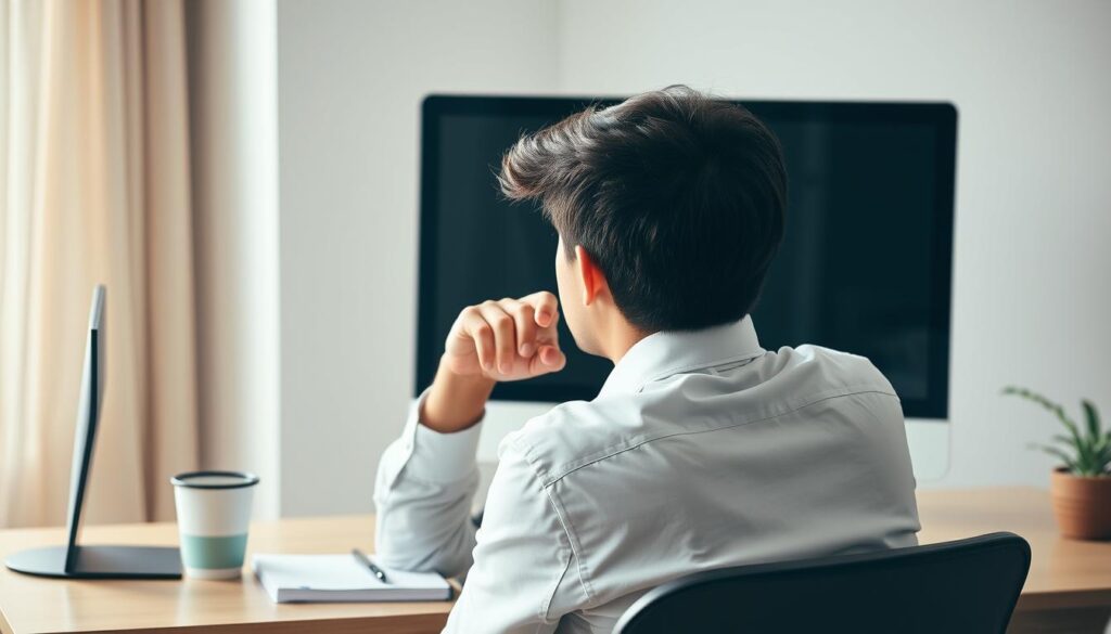 A young professional sitting at their desk, facing a computer screen, with a cup of coffee and a notebook nearby. The lighting is soft and natural, creating a calm and focused atmosphere. The figure has a pensive expression, reflecting on their first day at the new job and considering the next steps. The background is blurred, emphasizing the subject and creating a sense of introspection. The scene evokes a sense of contemplation, as the individual considers how to build upon the initial onboarding experience and proactively follow up to ensure a smooth transition.