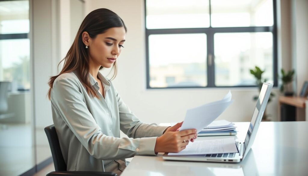 A young professional social worker sits at a desk, reviewing documents and files. The office environment is modern and minimalist, with clean lines and natural lighting filtering in through large windows. A laptop, pen, and notepad are neatly arranged on the desk, reflecting the worker's attention to detail and organization. The social worker's expression is one of focused concentration, conveying the dedication and care they bring to their role in supporting and empowering individuals and communities. The overall scene evokes a sense of professionalism, compassion, and the vital work of social services.