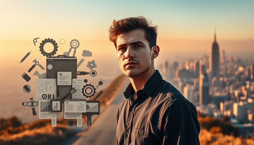 A young professional standing at a crossroads, contemplating their path to becoming a designer. The foreground depicts their determined expression, brow furrowed as they consider their options. The middle ground showcases a collage of design tools and software, hinting at the skills they will need to acquire. In the background, a hazy cityscape represents the vast opportunities awaiting them, if they take the leap from their current role. Warm, golden lighting casts an aspirational glow, conveying a sense of optimism and possibility. The overall scene evokes the challenges and excitement of transitioning into a design career without prior experience.