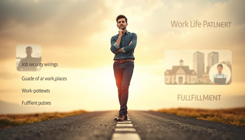 A young professional standing at a crossroads, thoughtfully considering their career path. In the foreground, a detailed visualization of the key factors they are weighing - job security, work-life balance, growth potential, and fulfillment. The middle ground features blurred images of their current and potential future workplaces, conveying the uncertainty of the decision. The background is a serene, contemplative landscape, evoking the pensive mood. Soft, warm lighting casts a thoughtful glow over the scene, as the subject ponders their next move with a look of quiet determination. The overall composition suggests the gravity of the decision, while maintaining a sense of hope and possibility.