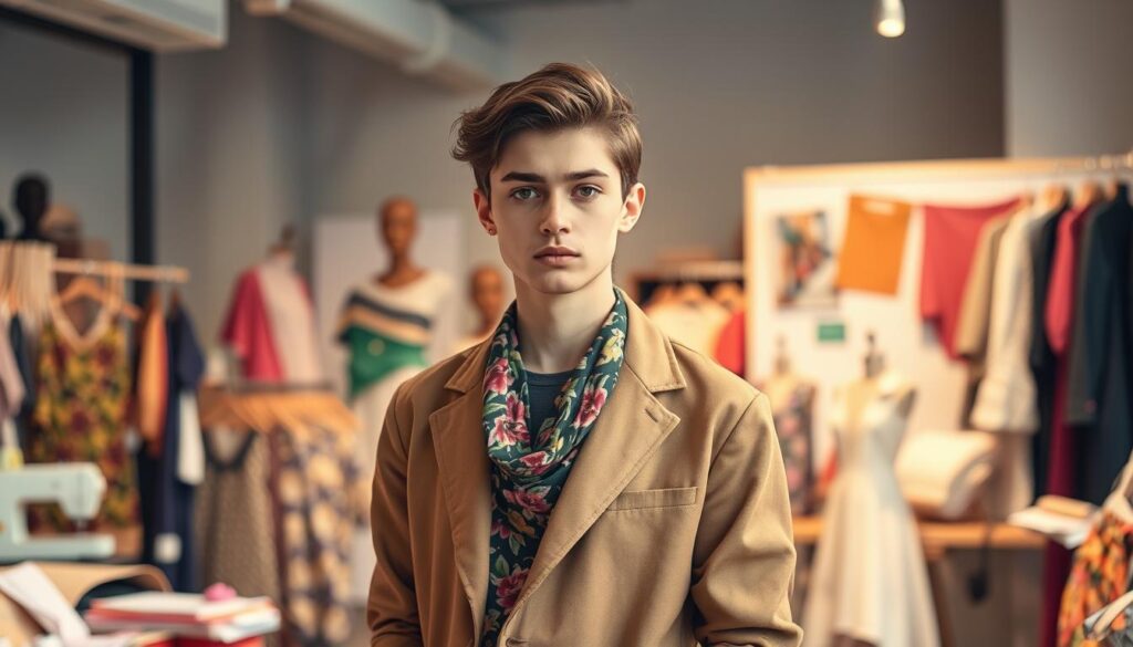 A young, stylish individual standing in a modern studio setting, surrounded by vibrant fabrics, sketches, and sewing materials. They have a keen eye for color, texture, and silhouette, with a creative and innovative mindset. The lighting is soft and warm, highlighting their passion and dedication to the craft of fashion design. The background is slightly blurred, creating a focus on the subject's face, which exudes a thoughtful, introspective expression, suggesting the deep consideration and attention to detail required for the profession.