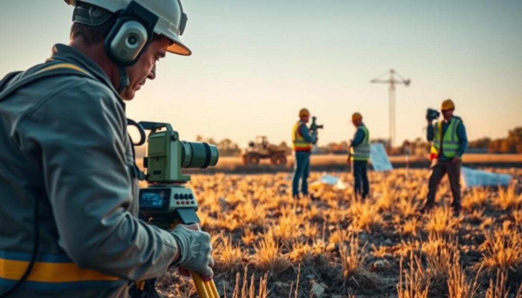 An accurate, detailed rendering of a civil engineering consultant conducting a land survey. In the foreground, a surveyor with professional gear carefully measures the terrain using high-precision tools. The middle ground shows a team of technicians guiding a surveying robot, capturing precise data. In the background, construction plans and blueprints are visible, indicating the consultative nature of the work. Warm, natural lighting casts a focused, industrious atmosphere. The scene conveys the technical expertise and diligent fieldwork required for a land survey, a critical first step in the consultant's workflow.