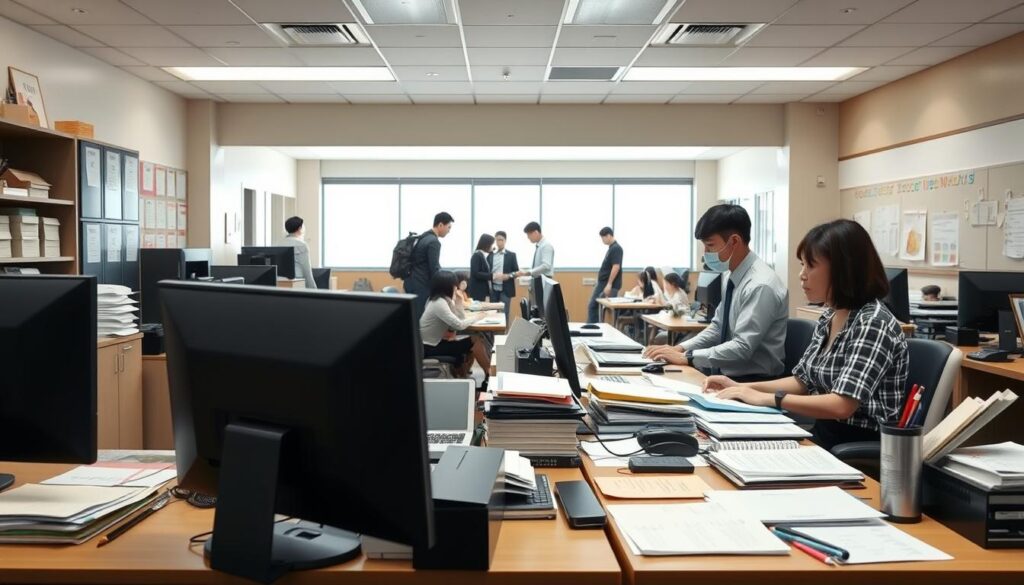 An administrative office at a Japanese school, filled with efficient processes and organized workflows. The foreground shows a desk with a computer, paperwork, and office supplies, capturing the day-to-day tasks of a school administrator. In the middle ground, colleagues collaborate on projects, discussing schedules and student records. The background depicts a well-lit, modern classroom, suggesting the broader context of the school environment. The scene conveys a sense of productivity and professionalism, showcasing the diverse responsibilities and essential role of school administrators in supporting the educational mission.