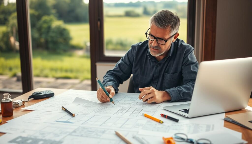 An agricultural civil engineering consultant working at a desk, surrounded by blueprints, surveying tools, and a laptop. Warm lighting illuminates the scene, casting a soft glow on the consultant's focused expression as they analyze data and make detailed plans. In the background, a window offers a view of a lush, green countryside, hinting at the consultant's expertise in rural infrastructure and environmental considerations. The overall atmosphere conveys a sense of professionalism, technical expertise, and a deep understanding of the agricultural landscape.