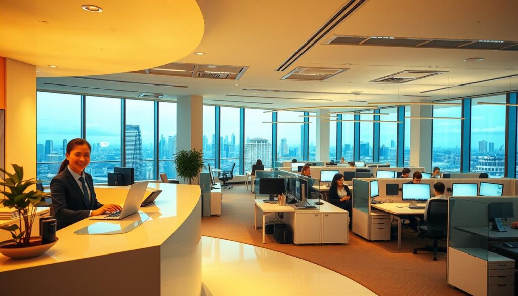 An airy, well-lit office space with a modern, minimalist aesthetic. In the foreground, a reception desk with a friendly employee greeting visitors. Midground, cubicles and desks occupied by focused professionals, their faces lit by the glow of computer screens. The background showcases floor-to-ceiling windows, offering a panoramic city skyline view. Warm, indirect lighting casts a tranquil ambiance, while sleek furniture and clean lines convey an atmosphere of efficiency and advancement. The overall scene evokes a professional, yet progressive work environment with clear opportunities for growth and development.