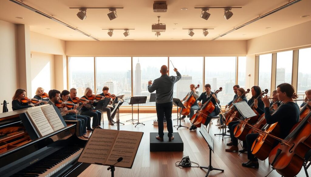 An airy, well-lit studio space with an orchestra conductor standing at the center, baton in hand, overseeing a diverse ensemble of musicians. In the foreground, a grand piano, sheet music, and various orchestral instruments like violins, cellos, and brass horns arranged neatly. The middle ground features the musicians, each focused on their craft, while the background reveals a panoramic view of the city skyline through large windows, bathed in warm, golden sunlight. The overall mood is one of creative energy, precision, and the collaborative process of musical arrangement and production.