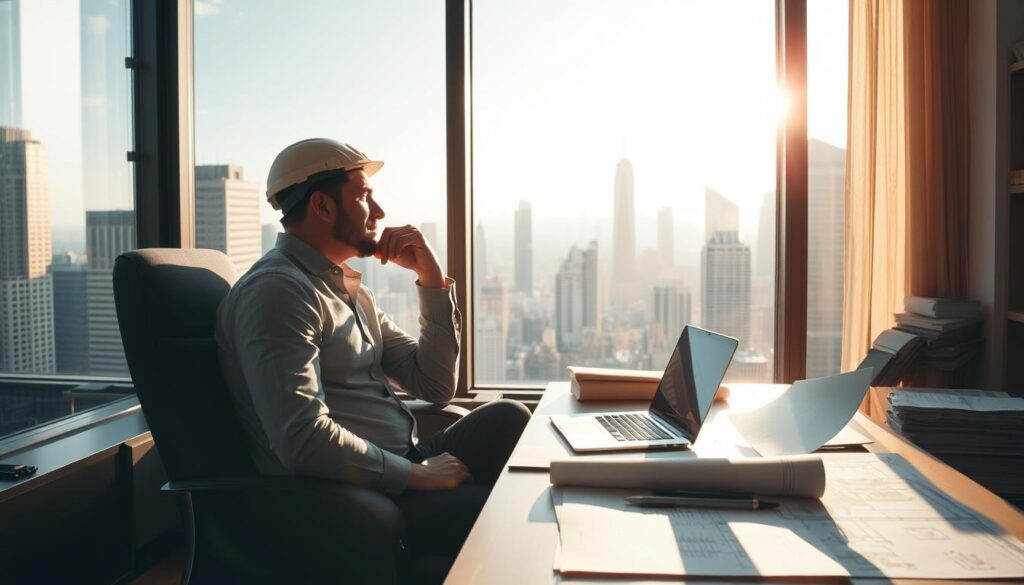 An architect's office with a large window overlooking a bustling city skyline. Sunlight streams in, casting a warm, golden glow over the workspace. On the desk, architectural plans and sketches are spread out, alongside a laptop and various design tools. In the foreground, an architect is seated, leaning back in their chair, a thoughtful expression on their face as they gaze out the window, contemplating their latest project. The atmosphere is one of quiet inspiration and a deep sense of purpose, reflecting the architect's passion for shaping the built environment and leaving a lasting impact on the community.