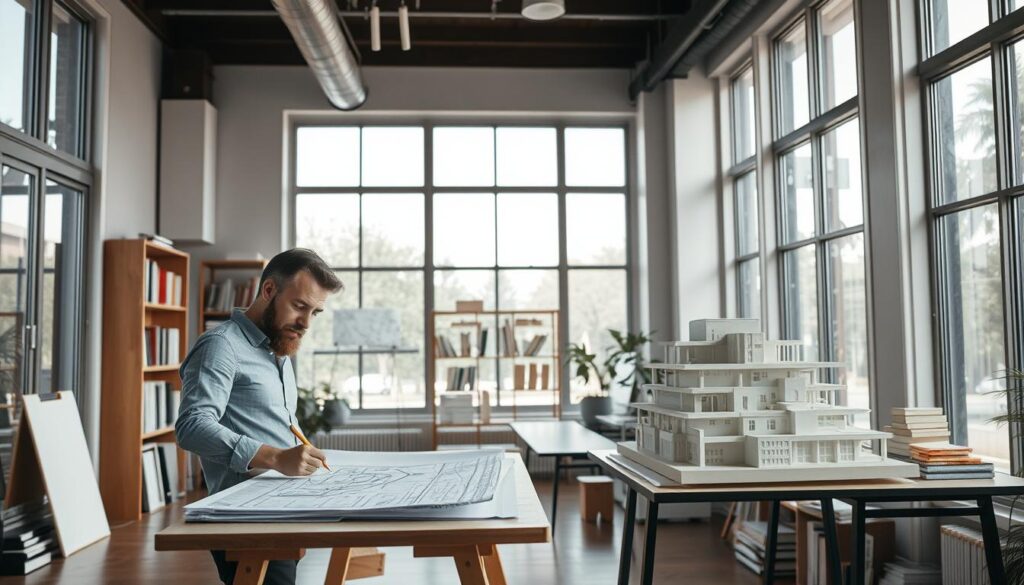 An architect's office with large windows, allowing natural light to flood the space. In the foreground, an architect stands at a drafting table, sketching plans with a focused expression. Behind them, a 3D model of a building project rests on a side table, showcasing their design vision. In the background, shelves are filled with architectural reference books and scale models, reflecting the depth of their expertise. The atmosphere is one of creativity, concentration, and a sense of purpose, capturing the fulfillment an architect experiences in bringing their ideas to life.