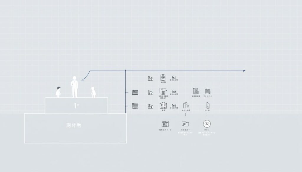 An architectural diagram showcasing the hierarchical structure and classification of architectural licenses and certifications in Japan. A minimalist, technical illustration with clean lines, geometric shapes, and a neutral color palette of grays, blues, and whites. The foreground depicts the main license types - 1st, 2nd, and 3rd class architects - arranged in a pyramidal layout. The middle ground shows detailed symbols and icons representing the specific requirements and responsibilities of each license class. The background features a subtle grid or blueprint-like pattern, conveying a sense of precision and professionalism. The overall mood is informative, organized, and visually striking, suitable for an article on architectural careers and licensure.