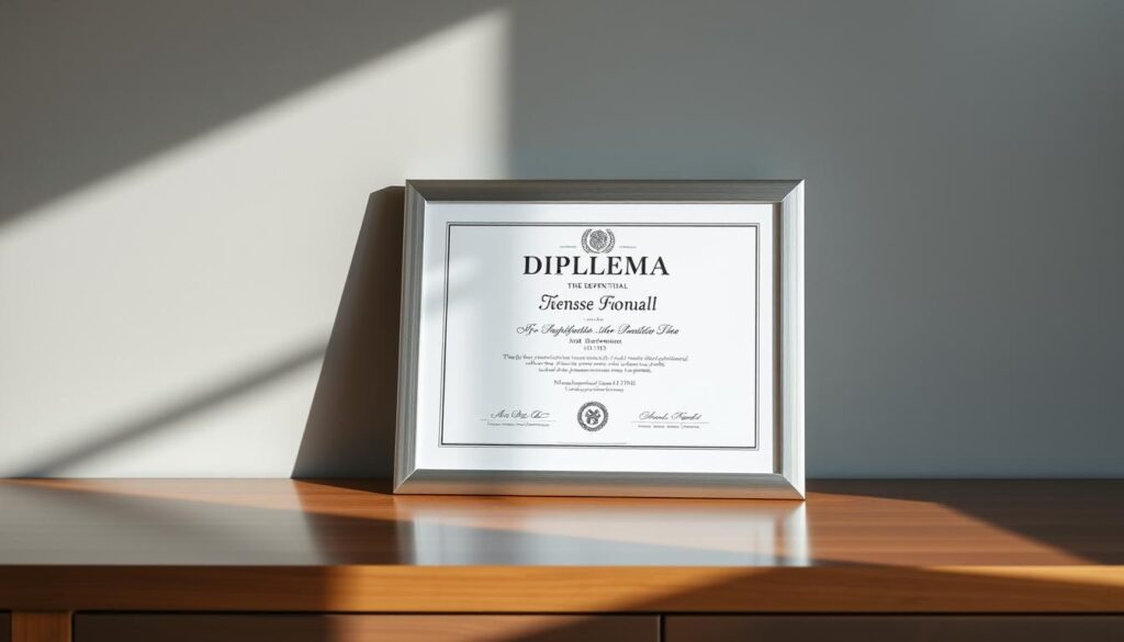 An architectural diploma proudly displayed on a sleek, minimalist desk. The document is framed in a modern, brushed-metal frame, casting a subtle reflection on the polished wooden surface. Soft, directional lighting illuminates the certificate, highlighting its official insignia and elegant calligraphy. The background is a muted, gradient-infused wall, creating a professional, aspirational atmosphere. The overall composition conveys a sense of achievement, expertise, and the pursuit of design excellence.