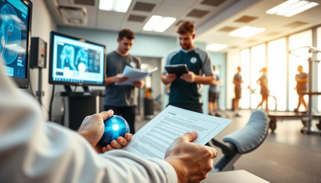 An athletic trainer's certificate being earned in a modern, well-equipped sports medicine clinic. The foreground shows the hands of the trainer carefully examining a patient's injured knee, utilizing state-of-the-art diagnostic equipment. The middle ground depicts the trainer reviewing medical charts and documentation, while the background showcases the clinic's advanced rehabilitation facilities with exercise equipment and trained staff assisting athletes. Soft, warm lighting highlights the professionalism and expertise of the athletic training process. The overall scene conveys the specialized knowledge, care, and dedication required to become a licensed athletic trainer.