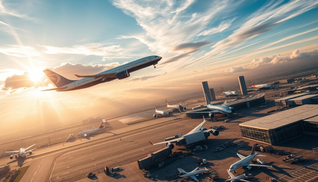 An awe-inspiring aerial landscape showcasing the thrill and vitality of the aviation industry. In the foreground, a sleek, state-of-the-art commercial airliner soars gracefully against a vibrant, sun-dappled sky. The middle ground features a bustling airport teeming with activity, with ground crews efficiently loading and unloading cargo, refueling aircraft, and guiding planes to their gates. In the background, towering skyscrapers and modern, cutting-edge airport terminals convey the dynamic, fast-paced nature of the aviation world. Rays of warm, golden light filter through wispy clouds, imbuing the scene with a sense of energy, purpose, and the unwavering commitment of those who dedicate their careers to this thrilling industry.