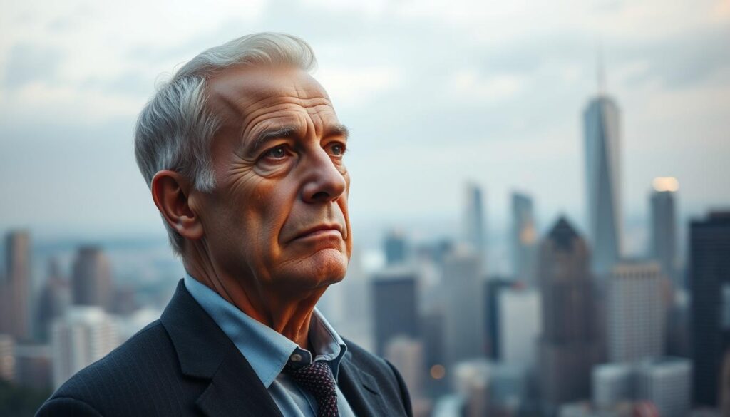 An elderly professional standing at a career crossroads, contemplating the pros and cons of a late-stage job change. A pensive expression on his face as he weighs the benefits and challenges, set against a backdrop of a bustling city skyline, suggesting the vibrant yet daunting world of new opportunities. Soft, directional lighting illuminates his thoughtful gaze, creating an air of introspection. The foreground is sharp and in focus, while the cityscape behind him is subtly blurred, emphasizing the personal nature of this decision. An aura of uncertainty yet determination emanates from the scene, capturing the complex emotions surrounding a 58-year-old's career transition.