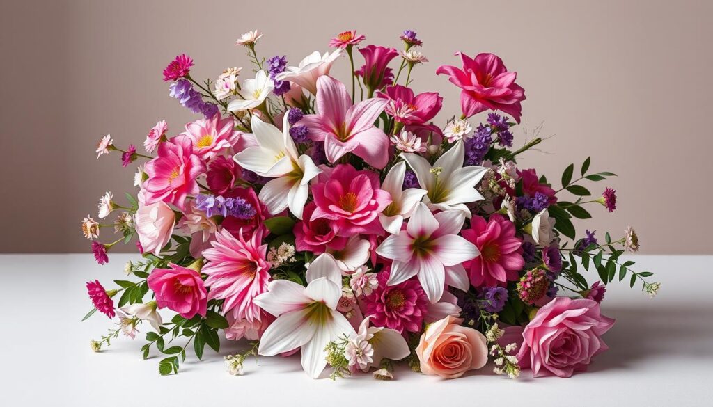 An elegant and modern floral arrangement, featuring a diverse array of vibrant blooms in shades of pink, purple, and white, carefully curated to reflect the latest trends in the floral design industry. The composition is balanced and visually striking, with the flowers arranged in a way that showcases their natural beauty and textures. The lighting is soft and diffused, creating a warm and inviting atmosphere that evokes a sense of sophistication and artistry. The background is a minimalist, neutral setting that allows the flowers to take center stage, highlighting their role as the focal point of the image and the embodiment of the "フラワーデザイナーの未来" within the article.