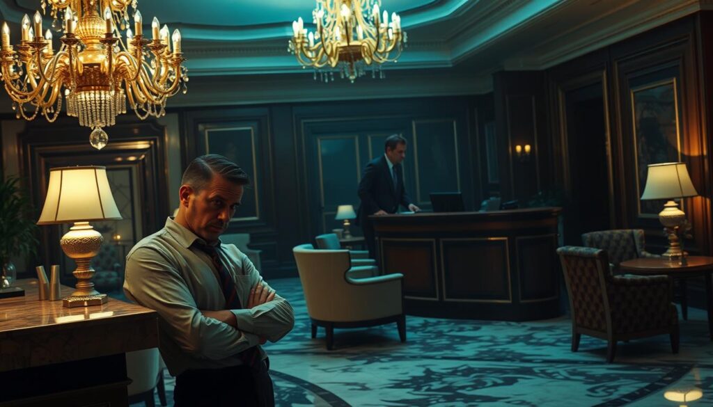 An elegant hotel interior with a sense of unease. A dimly lit lobby with a grand chandelier casting long shadows, plush velvet furnishings, and a distressed marble floor. In the foreground, a tired-looking hotel worker leans against a counter, their expression conveying the strain of understaffing and high guest demands. In the middle ground, a frustrated businessman argues with a disinterested receptionist, highlighting the tension between guests and staff. The background is hazy, suggesting the persistent problems of the industry - high turnover, low wages, and outdated infrastructure. The overall atmosphere is one of a once-vibrant hotel struggling to keep up with the pressures of modern hospitality.