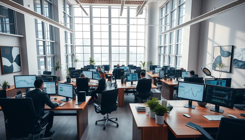 An elegant office space with a modern, sophisticated atmosphere. The interior features high ceilings, large windows providing ample natural light, and sleek, minimalist furniture. A team of well-dressed fund managers collaborate at large wooden desks, intently studying financial reports and charts displayed on their high-resolution computer screens. The atmosphere is one of focused professionalism, with a sense of quiet efficiency and the hum of industry. Potted plants and abstract artwork adorn the walls, adding a touch of warmth to the otherwise stark environment. The overall impression is one of a dynamic, well-oiled financial institution, where critical decisions are made that shape the flow of global capital.