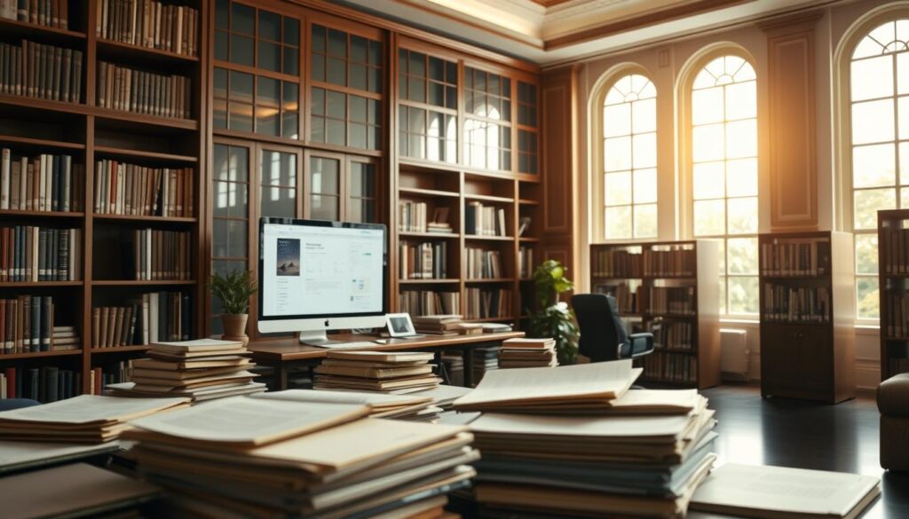 An elegant, well-lit office interior with wooden shelving and filing cabinets lining the walls. In the foreground, a skilled archivist meticulously organizes digital and physical documents, showcasing their expertise in cataloging, indexing, and preserving historical records. The middle ground features a large, modern computer monitor displaying archiving software, while the background depicts large windows flooding the space with warm, natural lighting. The overall atmosphere conveys a sense of professionalism, attention to detail, and a deep appreciation for the archivist's vital role in maintaining the integrity of important information.