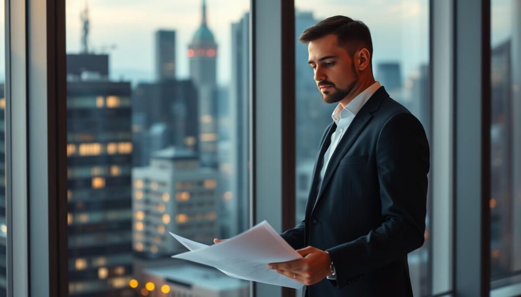An executive contemplating their next career move, standing in a modern office against a backdrop of cityscape. The lighting is soft and flattering, with a warm glow from floor-to-ceiling windows. The subject is dressed in formal attire, exuding confidence and focus as they review documents and make notes. The composition emphasizes the sense of preparation and transition, conveying the thoughtful process of preparing for a successful career change from a startup to a new opportunity.