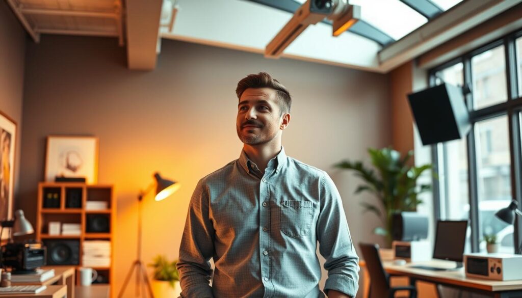 An executive producer standing confidently in a modern, minimalist office. Warm lighting from large windows creates a sense of energy and inspiration. They gaze thoughtfully, conveying a blend of determination and satisfaction. Their workspace is organized yet dynamic, with carefully curated decor and equipment that reflects their creative vision. The atmosphere exudes a balance of professionalism and the thrill of shaping impactful projects. Subtle details like a favorite mug or a framed award hint at the personal investment and passion driving their work. This image captures the essence of an executive producer's fulfillment - the rewarding challenge of bringing innovative ideas to life.