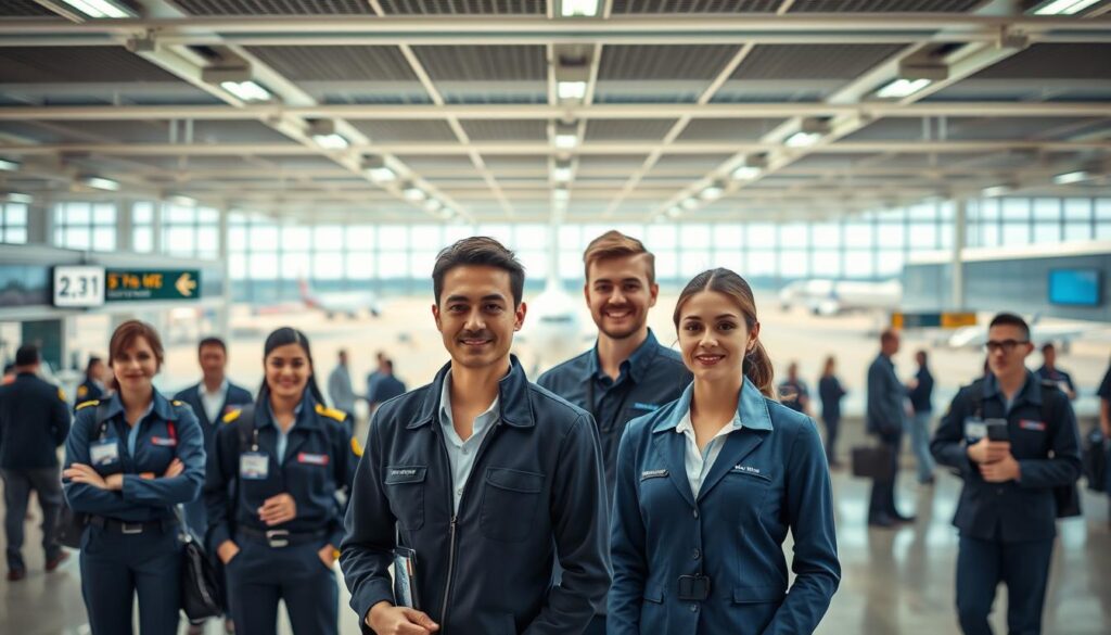 An expansive airport terminal with a bustling atmosphere, crisp lighting, and a sense of potential. In the foreground, a group of uniformed ground staff members stand with purposeful expressions, showcasing the diverse career paths and opportunities available to those starting in entry-level positions. The middle ground highlights a senior staff member guiding a junior colleague, demonstrating mentorship and growth. In the background, a panoramic view of the tarmac and arriving/departing aircraft, symbolizing the dynamic and ever-evolving nature of the aviation industry. The scene conveys the promise of upward mobility, the value of professional development, and the rewarding career trajectories within the airport ground operations domain.