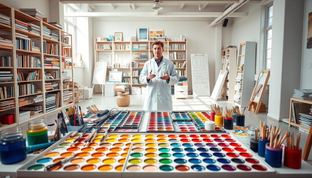 An expansive, brightly lit studio space with natural light filtering in through large windows. In the foreground, a colorful array of paint palettes, brushes, and an assortment of vibrant pigments arranged neatly on a central worktable. A color therapist, dressed in a crisp white lab coat, stands in the middle ground, guiding a client through a color therapy session, gesturing animatedly as they discuss the therapeutic properties of different hues. In the background, shelves line the walls, displaying an extensive collection of color therapy books, charts, and diagnostic tools. The overall atmosphere is one of calm, focus, and a deep exploration of the transformative power of color.