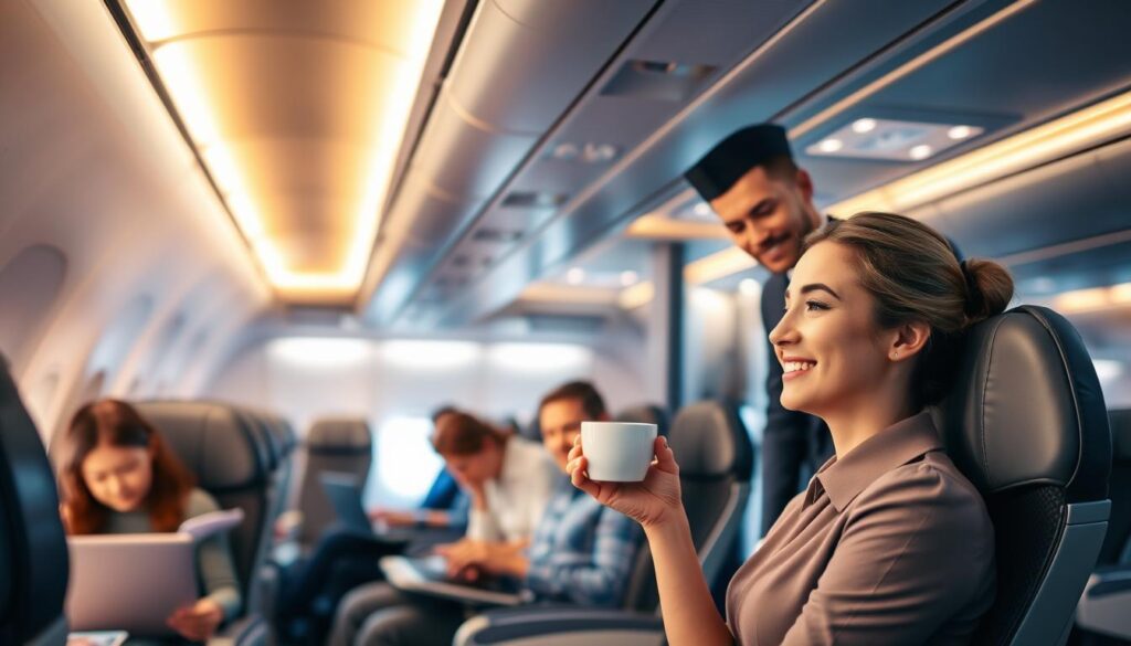 An in-flight service scene depicting a flight attendant diligently attending to the needs of passengers on board a commercial aircraft. The attendant, dressed in a smart, tailored uniform, is gracefully serving a hot beverage to a passenger seated in the foreground, their facial expression conveying a sense of comfort and satisfaction. In the middle ground, other passengers are engaged in various activities, such as reading, working on laptops, or resting. The cabin is bathed in a warm, ambient lighting, creating a cozy and welcoming atmosphere. The scene is captured from a slightly elevated angle, giving a panoramic view of the cabin's interior, showcasing the efficient, attentive service that is the hallmark of a flight attendant's role.