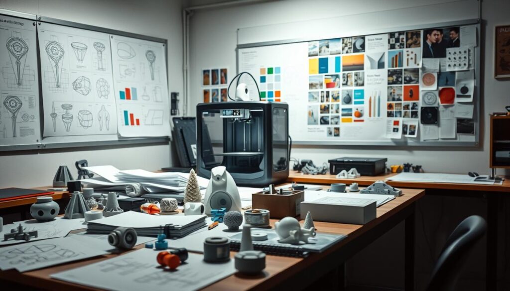 An industrial design process unfolds on a well-lit workbench. In the foreground, sketches, CAD models, and prototypes are scattered, showcasing the iterative nature of the craft. The middle ground features a 3D printer diligently producing a detailed component, its mechanical whirring complementing the scene. In the background, a large whiteboard displays technical drawings, color palettes, and inspirational mood boards, illuminating the designer's analytical and creative approach. Soft directional lighting casts shadows that accentuate the textures of the materials, creating a sense of depth and tactility. The overall atmosphere is one of focused intensity, where technical mastery and artistic vision converge to bring the designer's vision to life.