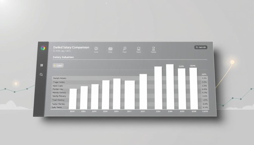An infographic visualizing a detailed salary comparison across various industries, displayed on a sleek, modern dashboard against a muted gray background. The foreground showcases a clean bar chart with precisely labeled data points, highlighting the relative pay levels in different sectors. The midground features subtle glyphs and icons to represent the diverse professions, while the background subtly incorporates geometric patterns and soft lighting to create a sense of depth and sophistication. The overall aesthetic is polished, data-driven, and designed to effectively communicate the nuanced differences in compensation across the creative and business landscapes.