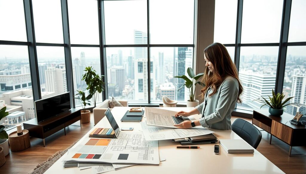An interior designer working in a modern, well-lit office space, reviewing design plans and material samples on a large desk. The room has floor-to-ceiling windows overlooking a bustling city skyline. The designer is wearing a professional outfit, engaged in tasks like measuring, sketching, and using a laptop and tablet to conceptualize furniture layouts and color palettes for a client project. The space is organized and minimalist, with sleek furniture, plants, and accents that reflect the designer's aesthetic sensibilities. Warm, diffused lighting creates a focused, productive atmosphere conducive to the designer's creative process.