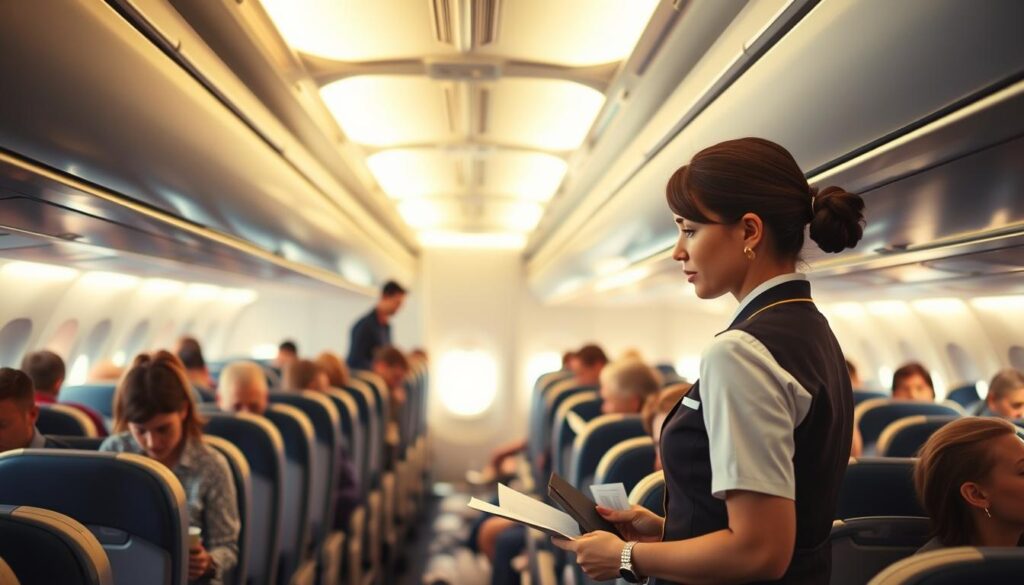An interior view of a busy airline cabin, with a flight attendant in the foreground assisting passengers. The attendant is dressed in a crisp, professional uniform, efficiently handling various tasks such as serving refreshments, checking tickets, and attending to passenger needs. The cabin behind them is filled with rows of seats, with passengers engaged in various activities - some reading, others sleeping, and a few conversing with each other. The lighting is a warm, soft glow, creating a serene and calming atmosphere, despite the hustle and bustle of the cabin. The camera angle is slightly elevated, providing a panoramic view of the scene, capturing the multifaceted responsibilities and challenges faced by the flight attendant in their role.