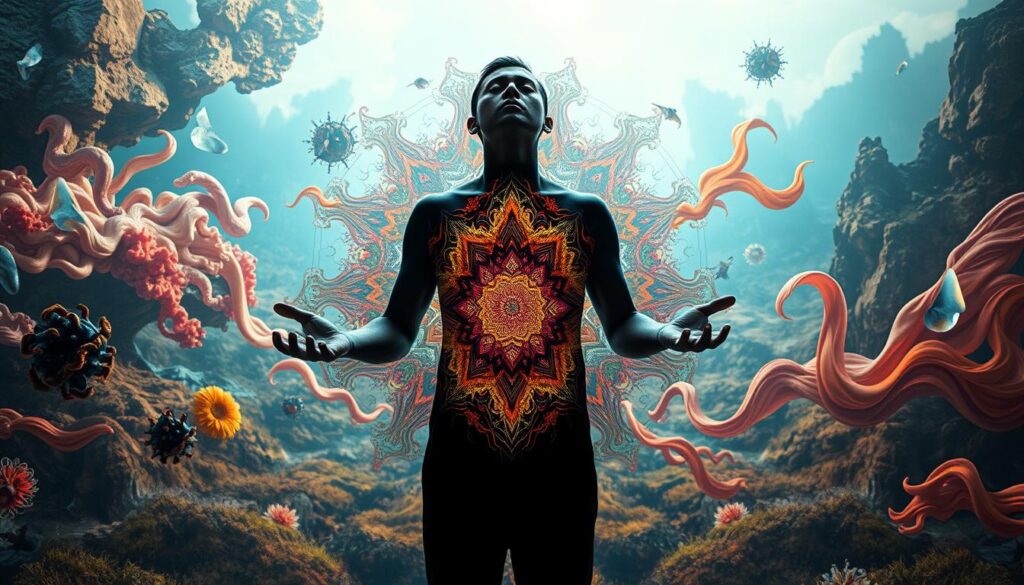 An interpretation of the five senses, manifested through a captivating visual display. In the foreground, a human figure stands with eyes closed, hands outstretched, immersed in the sensory experience. Surrounding them, a vibrant kaleidoscope of textures, colors, and forms - a symphony of sight, sound, touch, taste, and smell. The middle ground features flowing, ethereal elements that represent the interconnectedness of the senses, while the background depicts a surreal, dreamlike landscape that evokes a sense of wonder and exploration. Lighting is soft and diffused, creating an atmospheric, introspective mood. The overall composition conveys the depth and complexity of human interpretation, driven by the rich tapestry of sensory input.