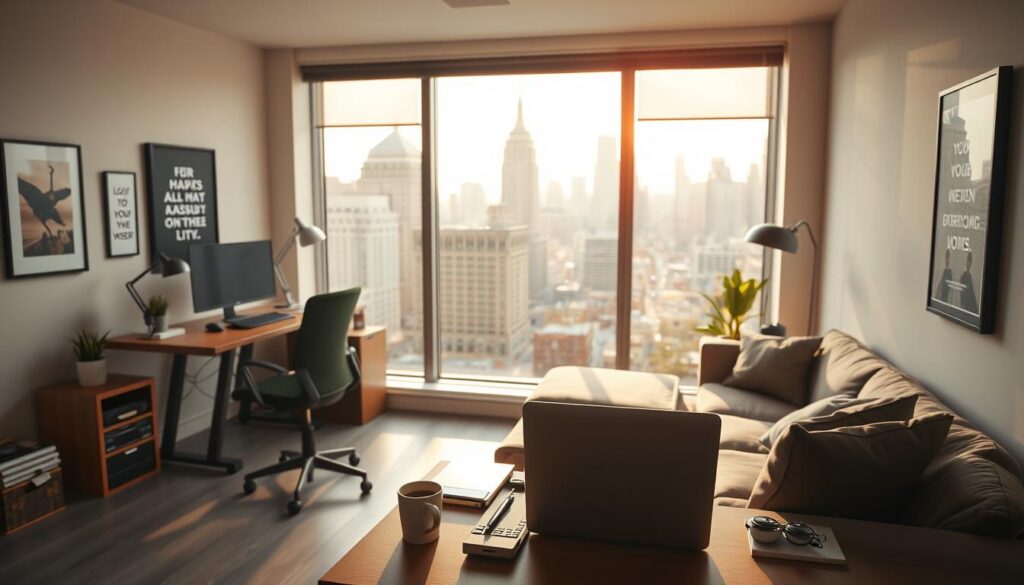 An office interior with a cozy, freelance-friendly atmosphere. A spacious, well-lit room with a large window overlooking a bustling city skyline. Minimalist yet stylish furniture - a standing desk, ergonomic chair, and a comfy couch. Warm, natural lighting filters in, casting a soft glow. The walls are adorned with inspirational artwork and motivational quotes. In the foreground, a freelance worker intently focused on their laptop, surrounded by an array of office supplies and a steaming mug of coffee. In the background, a sense of freedom and flexibility, with a view of people on the streets below going about their routines. The overall mood is one of productivity, creativity, and the empowered independence of the freelance lifestyle.