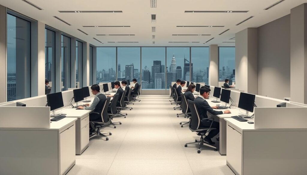 An office interior with a minimalist, clean design. Soft, indirect lighting illuminates rows of tidy desks occupied by a team of bureaucrats diligently typing on their computers. The atmosphere is professional yet serene, with muted color palettes and geometric patterns that create a sense of order and efficiency. In the background, floor-to-ceiling windows offer a view of a bustling city skyline, hinting at the larger context in which these bureaucrats operate. The overall scene conveys a sense of quiet productivity, reflecting the meticulous and methodical nature of the bureaucratic work being done.