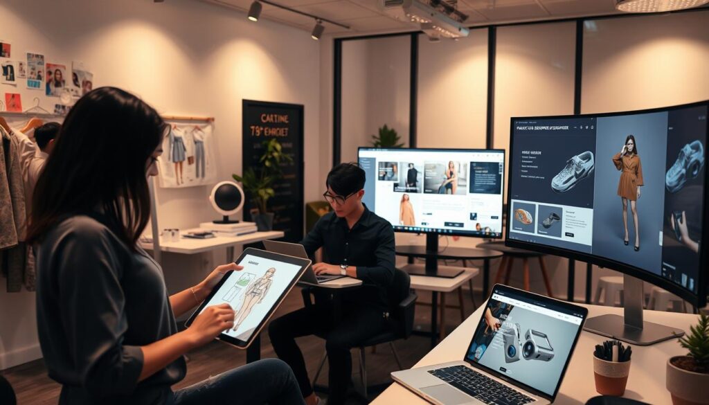 An office interior with various designers at work, each engaged in a different design task. In the foreground, a fashion designer sketches a stylish outfit on a tablet, surrounded by mood boards and fabric swatches. In the middle ground, a web designer codes on a laptop, their screen displaying a sleek, modern website layout. In the background, a product designer manipulates 3D models of a new gadget on a large curved monitor. Soft, directional lighting illuminates the scene, creating a warm, productive atmosphere. The diverse workstations and activities showcase the varied nature of design roles across different industries.