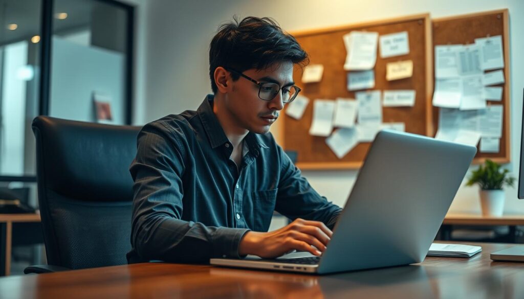An office setting with a person sitting at a desk, hands on their laptop, deep in thought. The lighting is soft and warm, creating an atmosphere of contemplation. In the background, a corkboard with notes and documents pinned up, representing the various risks and considerations they are carefully managing during their career transition. The angle is slightly elevated, giving a sense of the person's inner focus and the weight of the decision they are navigating. The scene conveys the thoughtful, strategic approach required to successfully navigate a career change, while maintaining discretion and control over the process.