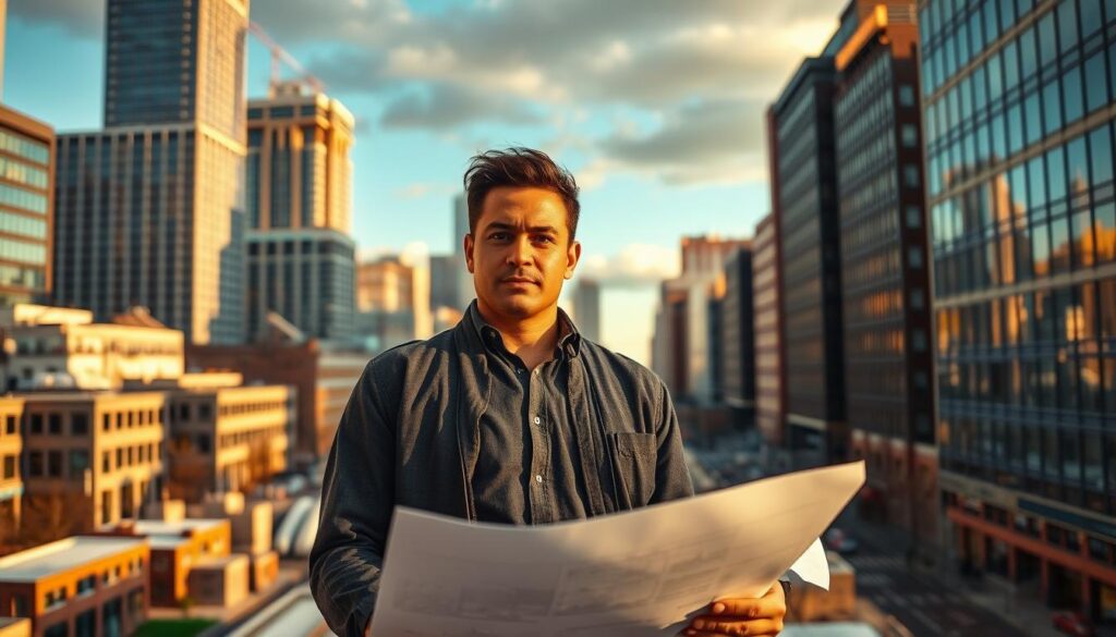 An urban planner standing confidently in a cityscape, surrounded by blueprints and architectural models. Their gaze is focused, brimming with a keen understanding of urban development and a passion for transforming communities. The scene is illuminated by warm, directional lighting, casting dramatic shadows that highlight the planner's attentive expression. The background features a blend of modern high-rises, historic buildings, and bustling streets, reflecting the complexity and dynamism of the redevelopment process. The overall atmosphere conveys a sense of vision, problem-solving, and the ability to navigate the intricate challenges of urban renewal.