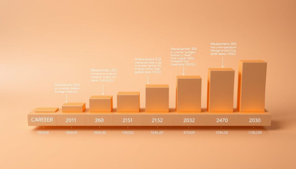 Detailed 3D data visualization depicting the career progression and corresponding income changes in the character design industry. Sleek, modern infographic style with a subtle gradient background. Smooth, metallic textures and clean, minimalist layout. Crisp, high-resolution image with accurate data points along a linear timeline, conveying a sense of professionalism and authority. Warm, neutral lighting accentuates the elegant, understated aesthetic. Carefully composed to highlight the key information without distracting elements, allowing the data to speak for itself.