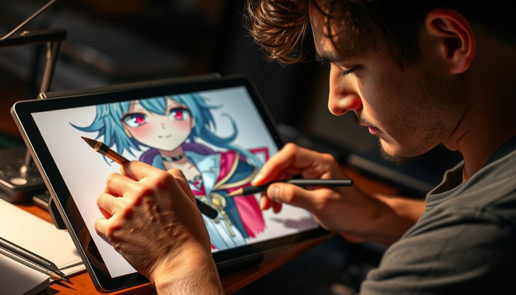 Detailed character design process: A creative artist meticulously sketches a captivating anime-style character on a tablet, carefully refining the facial features, hair, and attire. Vibrant colors and dynamic brushstrokes bring the design to life, as the designer experiments with different expressions and poses. Subtle lighting casts dramatic shadows, heightening the sense of depth and dimensionality. The artist's focused gaze and intense concentration convey the passion and dedication inherent in the character creation process. An atmosphere of inspiration and artistic exploration permeates the scene, reflecting the joys and challenges of being a character designer.