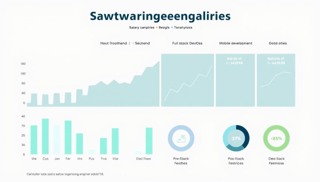 Detailed comparison of software engineer salaries, with a focus on different engineering disciplines. Showcase a clean, data-driven infographic depicting salary ranges for roles like frontend, backend, full-stack, DevOps, and mobile development. Present the information in a professional, minimalist style using a mix of bar charts, line graphs, and circular icons to highlight key statistics. Utilize a neutral color palette of greys, blues, and greens to convey an authoritative, analytical tone. Render the scene with soft, even lighting and a shallow depth of field to draw the viewer's attention to the data visualizations.