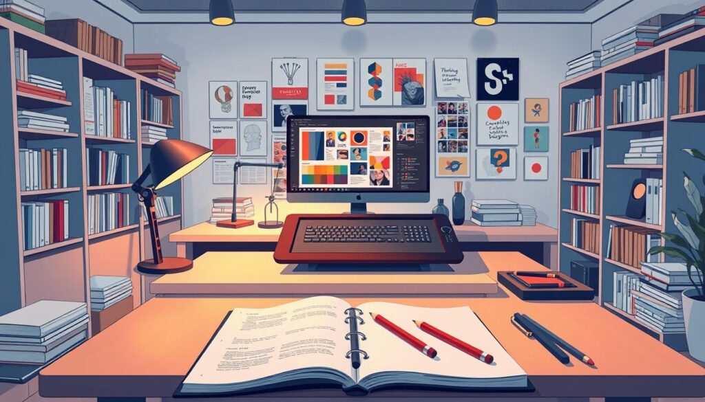 Detailed illustration of a graphic designer's workspace, showcasing the tools and techniques of the trade. A spacious, well-lit studio with a large drawing tablet and stylus on a clean, minimalist desk. Surrounding the desk, bookshelves filled with design references, inspirational mood boards, and a computer monitor displaying color palettes and design software. Subtle warm lighting casts a focused, productive atmosphere. In the foreground, a sketchpad and pencils lay open, hinting at the creative process. The overall scene conveys a sense of professionalism, expertise, and the passion that drives successful graphic designers.